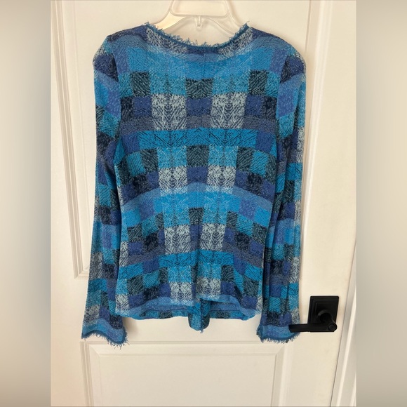 Aldo Martins Blue Patchwork Plaid Shirt Knit Cardigan Fringe Pockets Sz 6 Artsy - Picture 6 of 7